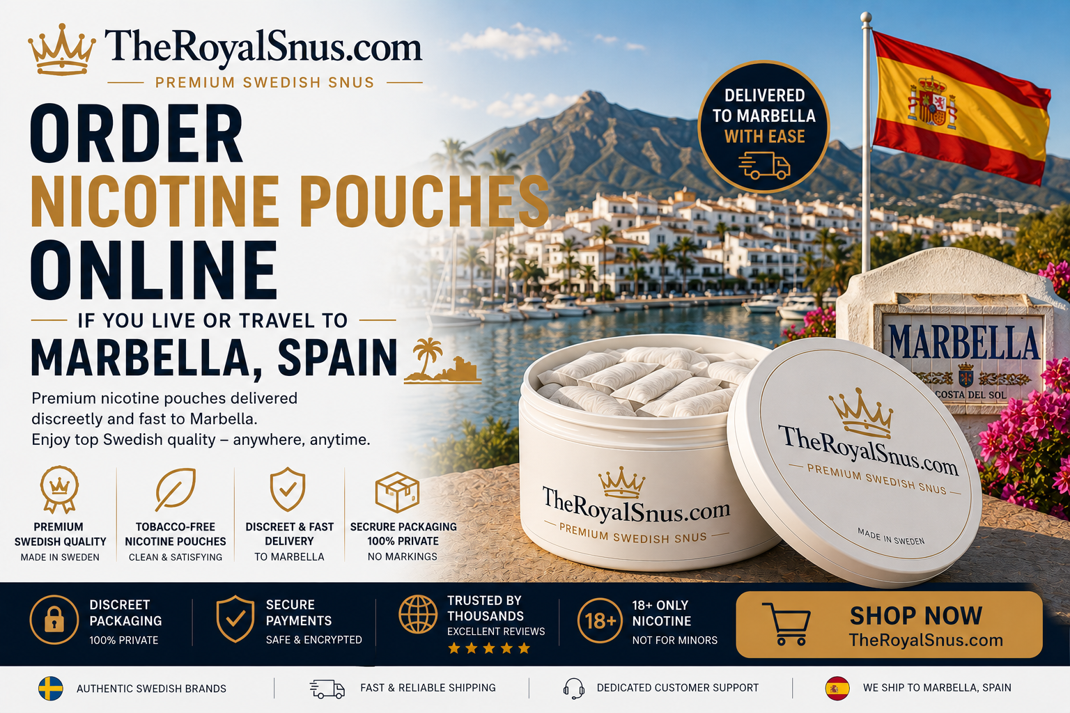 Order nicotine pouches online if you live or travel to Marbella, Spain